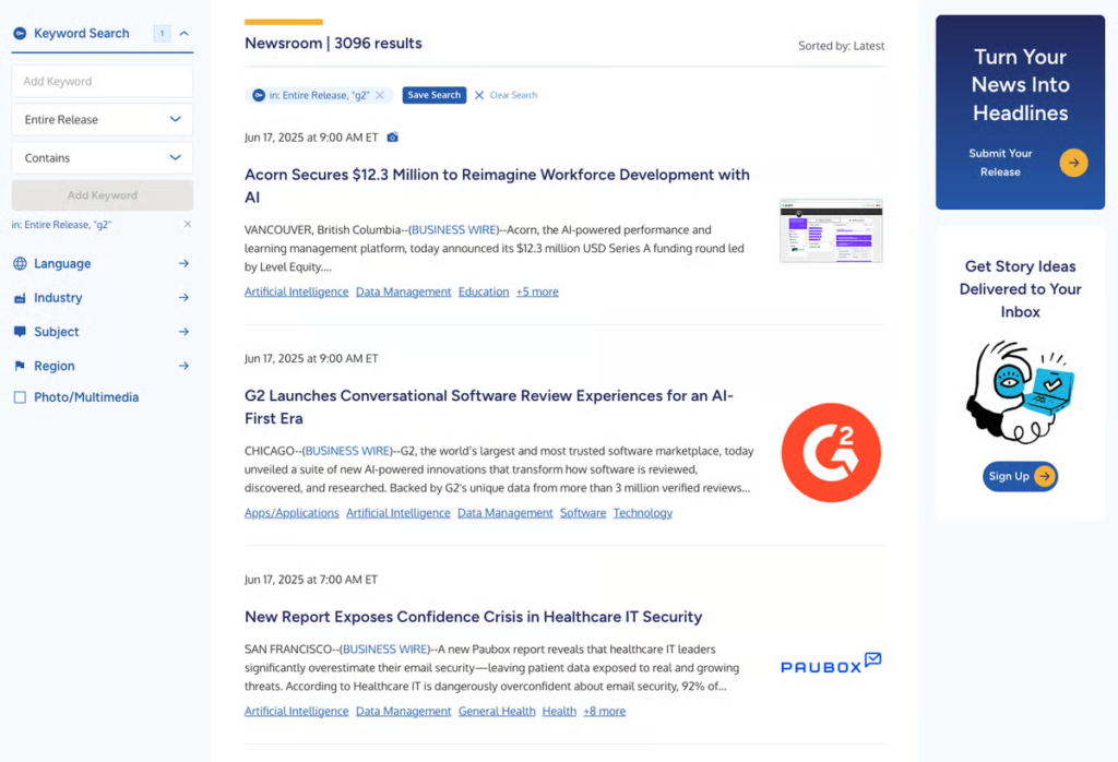 Screenshot of a news website showing search results for business press releases, with filters on the left and headline summaries with logos and dates in the center. An advertisement appears on the right.