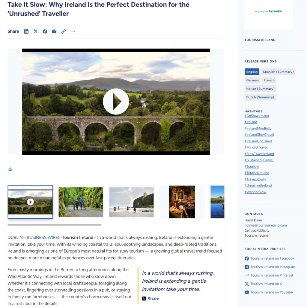 Screenshot of an online article about slow tourism in Ireland, featuring a header image of a stone bridge over a river with lush greenery and photos of scenic Irish landscapes.