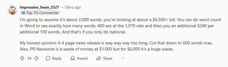 A Reddit comment discusses the cost and word count of a news release, suggesting a shorter length and stating that PR Newswire is not cost-effective at higher prices.