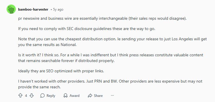 A user explains the similarities between PR Newswire and Business Wire, discusses distribution strategies, and mentions the importance of SEO-optimized press releases.