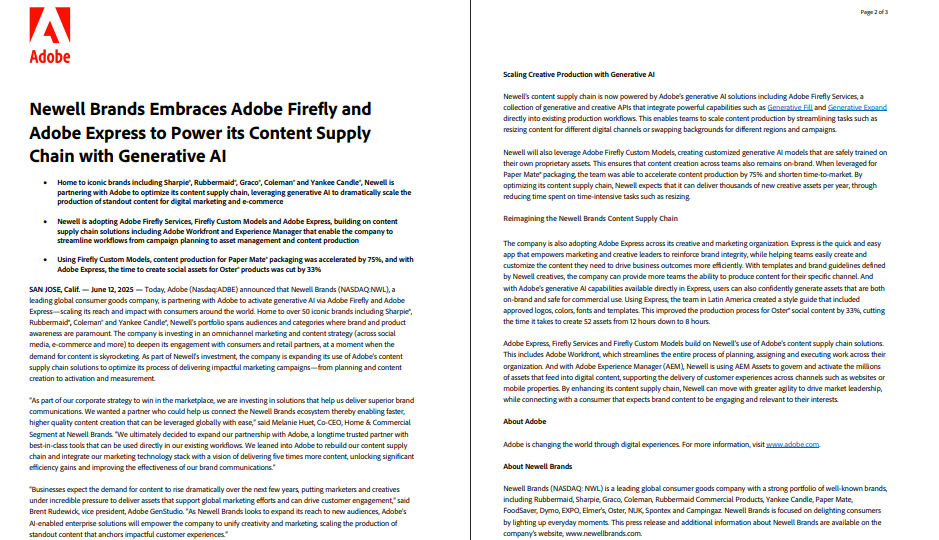 A press release document with the Adobe logo, titled "Newell Brands Embraces Adobe Firefly and Adobe Express to Power its Content Supply Chain with Generative AI," and text details below.