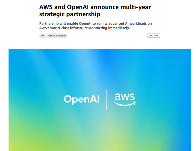 Screenshot of an announcement stating AWS and OpenAI have entered a multi-year strategic partnership, with their logos on a blue-green gradient background.