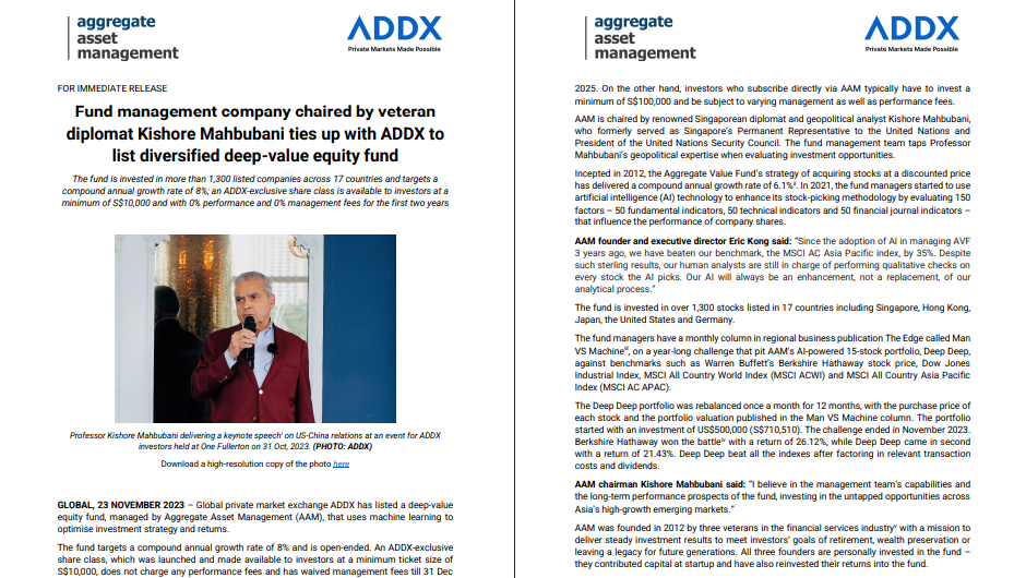 A press release from ADDX announces a partnership with a fund management company chaired by Kishore Mahbubani to list a diversified deep-value equity fund.