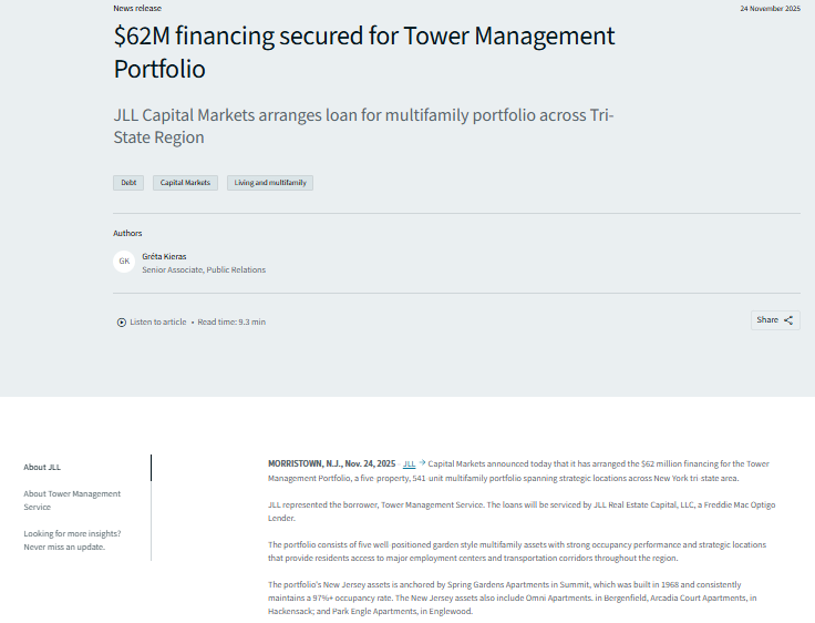 Screenshot of a news release announcing that JLL Capital Markets arranged $62 million financing for a multifamily property portfolio across the Tri-State Region.