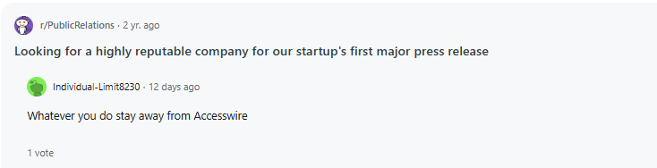 A user asks for reputable press release company recommendations; another user advises avoiding Accesswire.