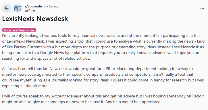 Screenshot of a Reddit post discussing a trial of LexisNexis Newsdesk, comparing it to Google News, and seeking advice on its use for journalism and media monitoring.