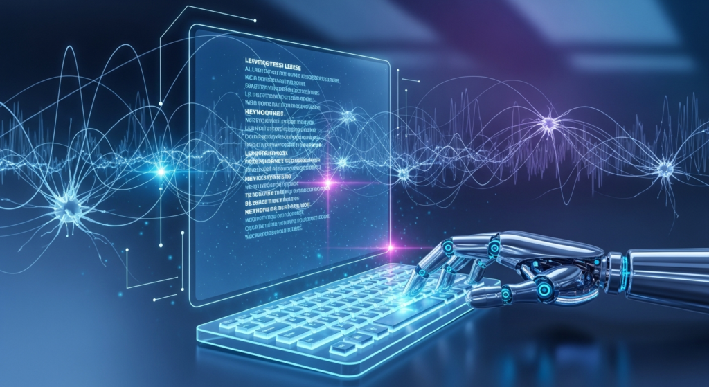 A robotic hand types on a transparent keyboard with digital code and glowing data waves in the background, illustrating advanced artificial intelligence technology.