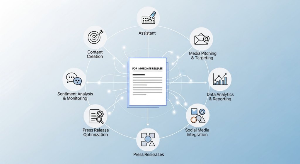Diagram showing a central press release surrounded by eight PR functions: assistant, media pitching, data analytics, social media, press resourcing, press release optimization, sentiment analysis, and content creation.