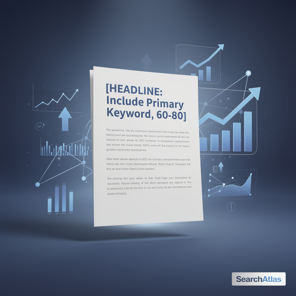 A digital document with SEO optimization tips floats in front of transparent analytical graphs and charts on a dark blue background, with a SearchAtlas logo in the corner.