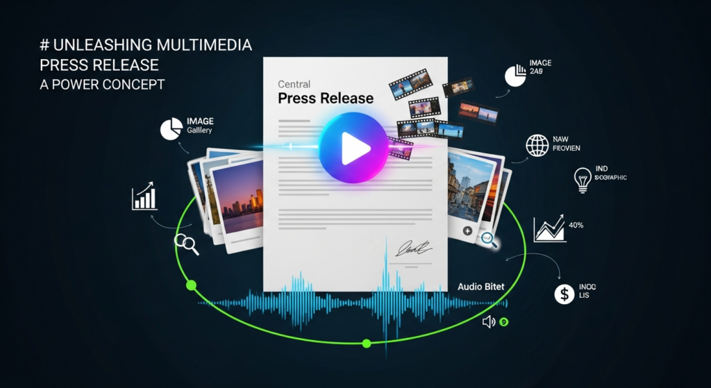 Infographic showing a central press release document surrounded by icons and media elements like photos, video clips, graphs, audio waveforms, and social media symbols.