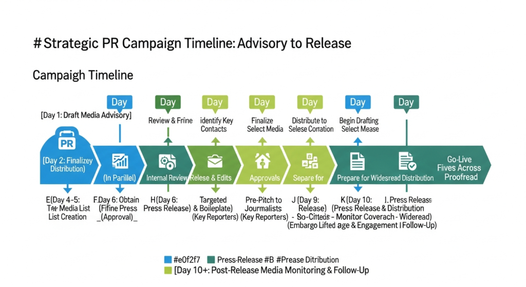 A linear timeline diagram illustrating steps in a strategic PR campaign from advisory issuance to release, including review, approvals, and post-release media monitoring.