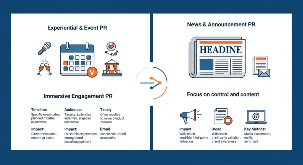 Infographic comparing Experiential & Event PR and News & Announcement PR, highlighting strategies, timelines, audiences, impact, and key metrics with relevant icons.