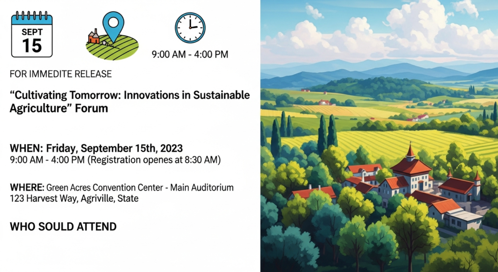 Event flyer for a sustainable agriculture forum with date, time, location details on the left and an illustration of a rural landscape with fields and houses on the right.