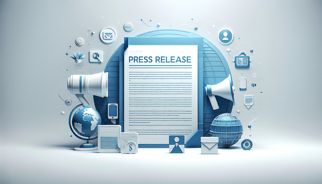 A digital illustration of a press release document surrounded by icons representing communication, media, and global connections in blue and white tones.