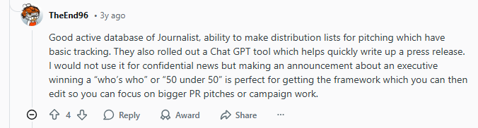 A Reddit user comments on a database for journalists, mentioning features like distribution lists, tracking, and a ChatGPT tool for drafting press releases.