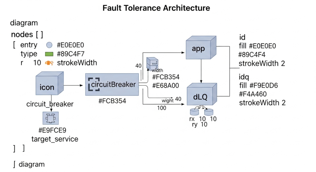 Diagram illustrating a fault tolerance architecture with components: icon, circuitBreaker, app, and dLQ, showing data flow and color codes for each node.
