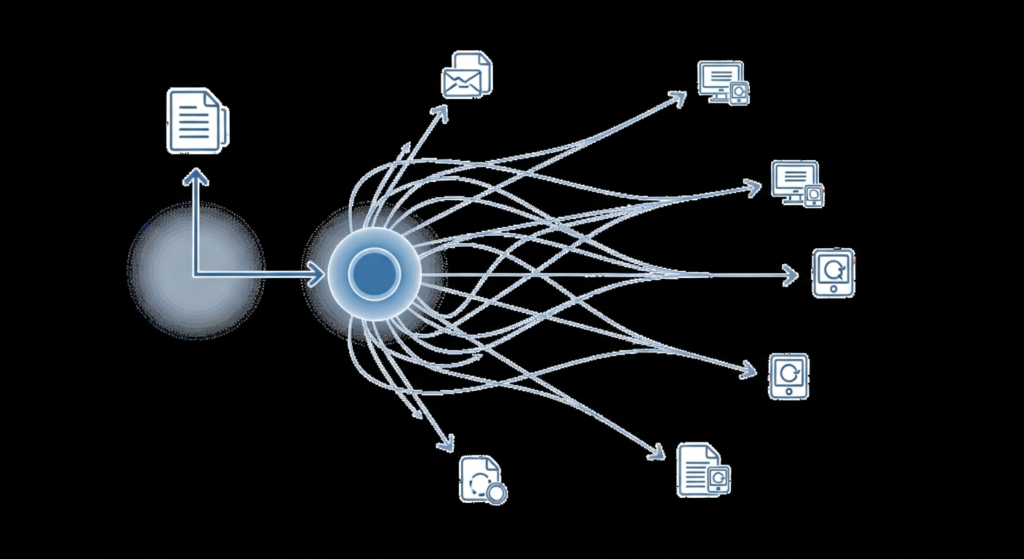 Diagram showing a central hub processing incoming documents and distributing them via multiple paths to various digital devices, folders, emails, and applications.
