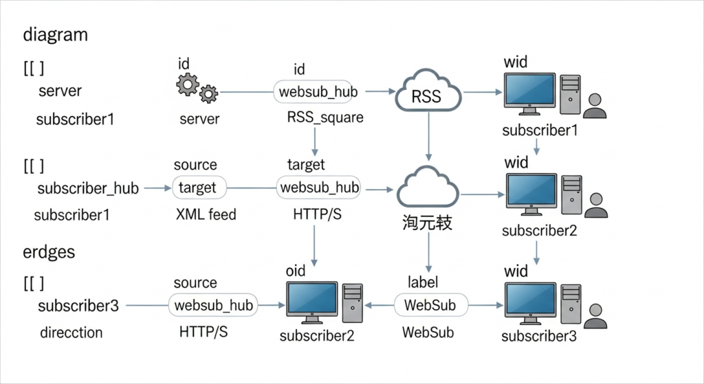 Diagram illustrating the flow of RSS and WebSub feeds from a server through a hub to multiple subscribers via HTTP/S, using icons for servers, clouds, and computers. Labels identify roles and data paths.