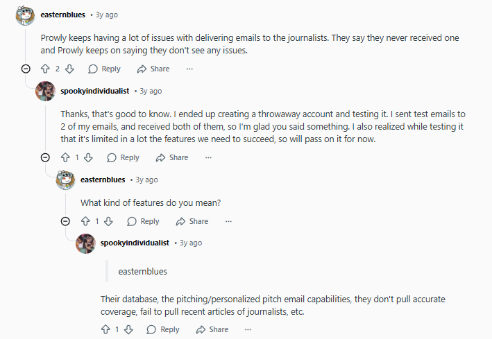 Screenshot of a text conversation where users discuss Prowly’s issues with delivering journalist emails and limited features, including problems with accurate media database and pitch email capabilities.