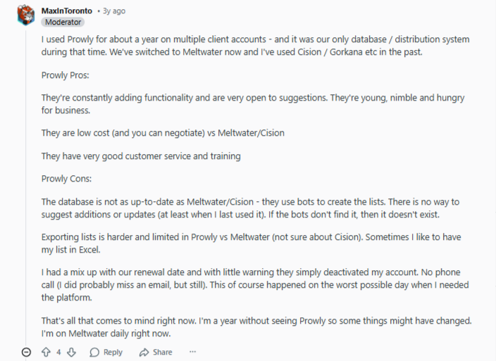 A forum user shares a detailed comparison of Prowly and Meltwater/Cision, listing pros and cons and describing their experience after switching to Meltwater for client account management.