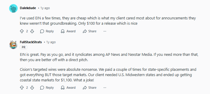 A Reddit thread discussing the use of EIN for press releases, comparing costs and effectiveness with alternatives like Cision.