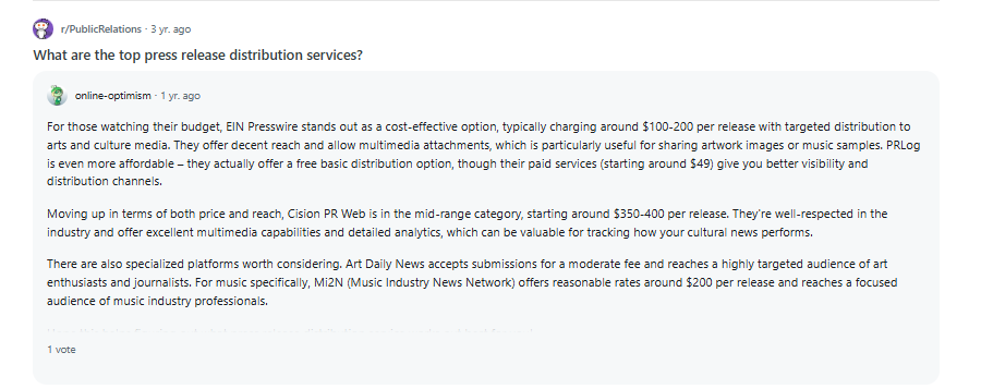 A screenshot of an online discussion about top press release distribution services, featuring detailed responses outlining options, pricing, and industry recommendations.