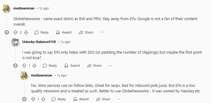 A Reddit thread discussing the distribution and SEO value of press release services like GlobeNewswire and EIN, with users advising against using EIN for news distribution.