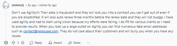 A forum comment warns against using Agility, claiming fraudulent data, difficult contract terms, fake emails, and poor customer service, with an email address shown as an example.