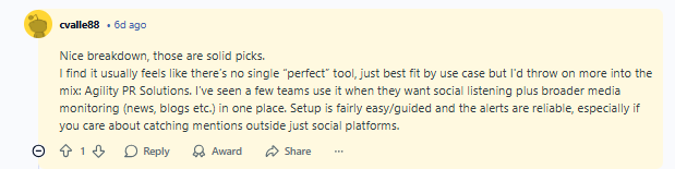 A user named crvale88 comments on a forum, suggesting Agility PR Solutions for social listening and media monitoring, noting its ease of setup and reliable alerts.