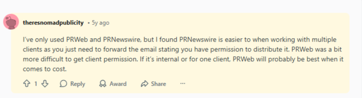 A user comment compares PRWeb and PRNewswire, noting PRNewswire's ease for multiple clients and PRWeb's better cost for internal or single-client use.
