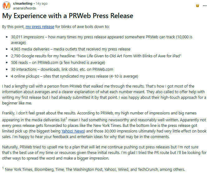 Screenshot of a blog post titled "My Experience with a PRWeb Press Release" detailing statistics and outcomes from using PRWeb for a press release, including media deliveries and site pickups.
