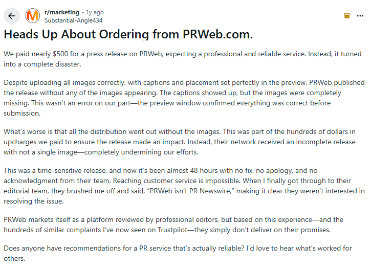 A Reddit post titled "Heads Up About Ordering from PRWeb.com" explains a negative experience with PRWeb&rsquo;s press release service, highlighting issues with image distribution and lack of customer support.