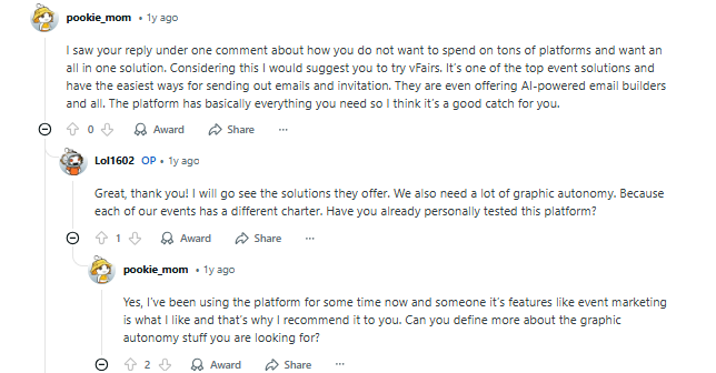 Screenshot of an online discussion where users pookie_mom and Lol1602 talk about event platforms, AI-powered tools, and graphic autonomy needs.