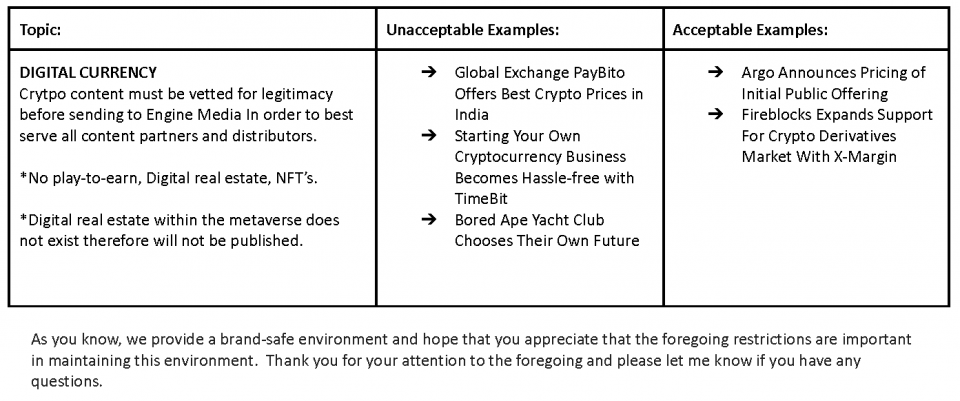 Table outlining requirements for crypto-related content, with unacceptable and acceptable examples for publication by Engine Media, plus a note on brand safety and content restrictions.